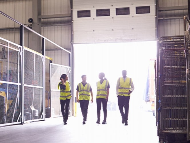 4 People in high visibility vests walking.