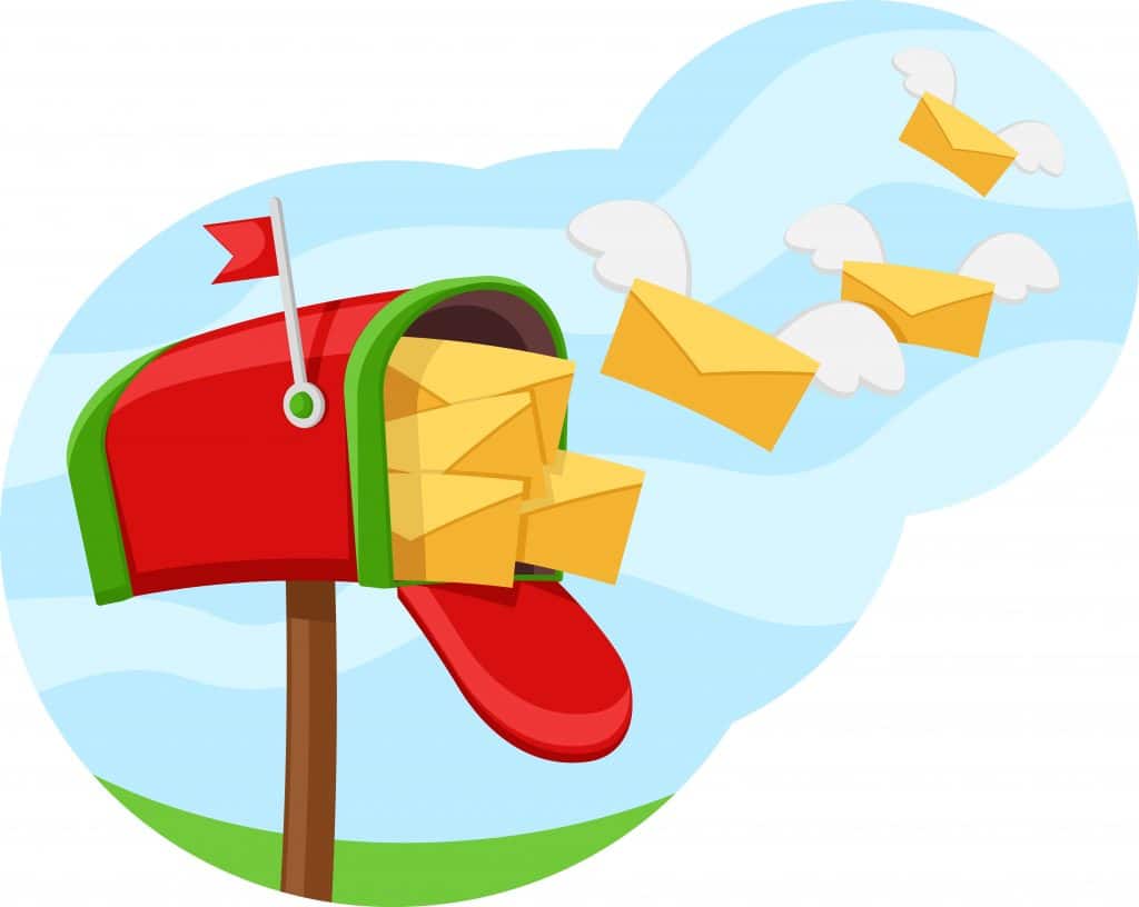 Image of a open mailbox with mail flying out. 